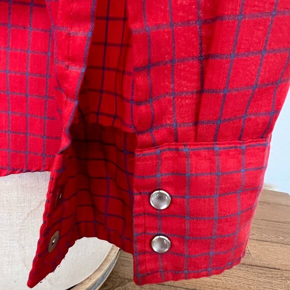 80's Western Wear Shirt - Snap Pearl Buttons Montgomery Wards - Red & Blue Check - Picture 8 of 9